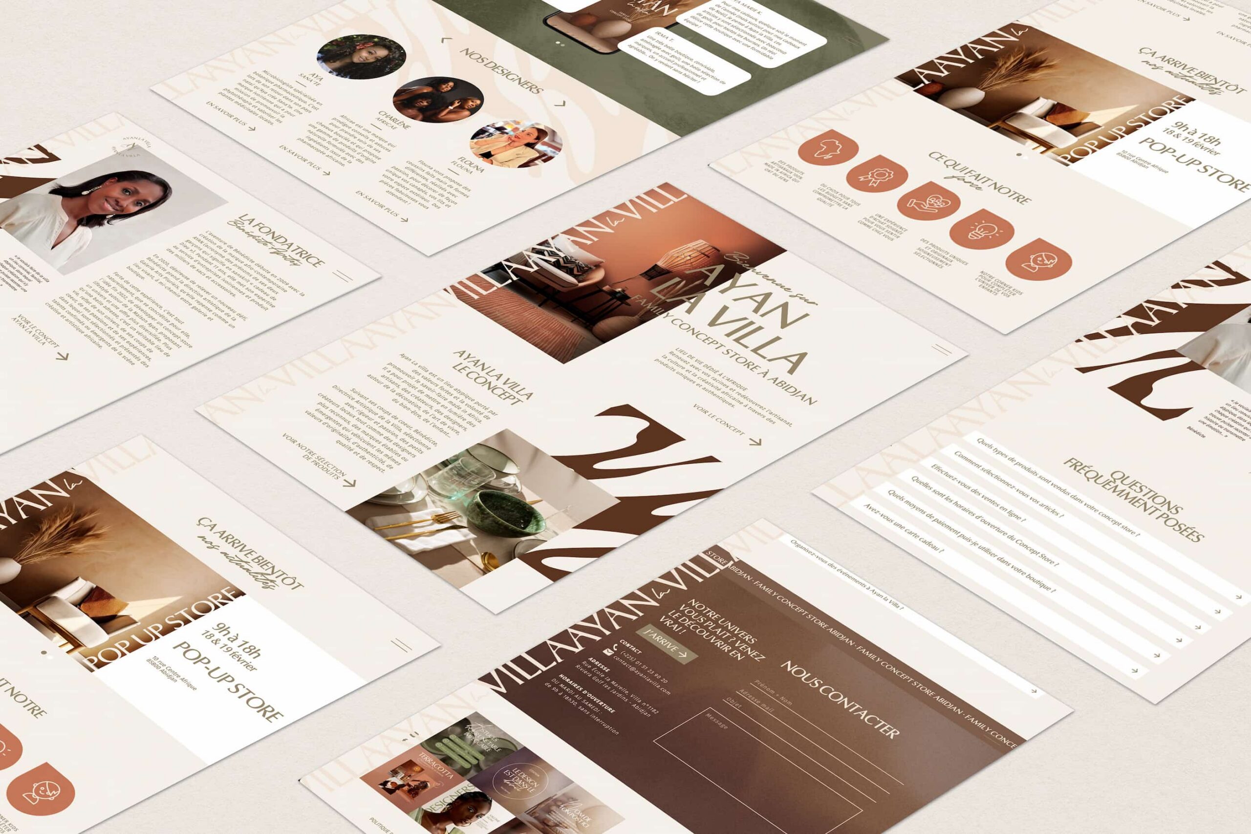 Planches montrant l'image de marque déployée en site internet de la marque Ayan la Villa, concept Store. Crée par le Studio Youmé.