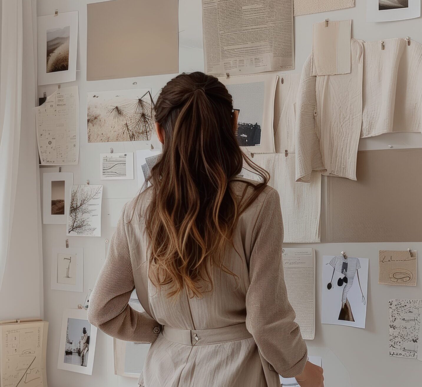 Femme de dos, observant et organisant un mur d'inspiration rempli de photos, de croquis et de tissus dans une pièce lumineuse. Cette scène illustre le processus de réflexion et de création, idéal pour comprendre qu'est-ce qu'une image de marque.