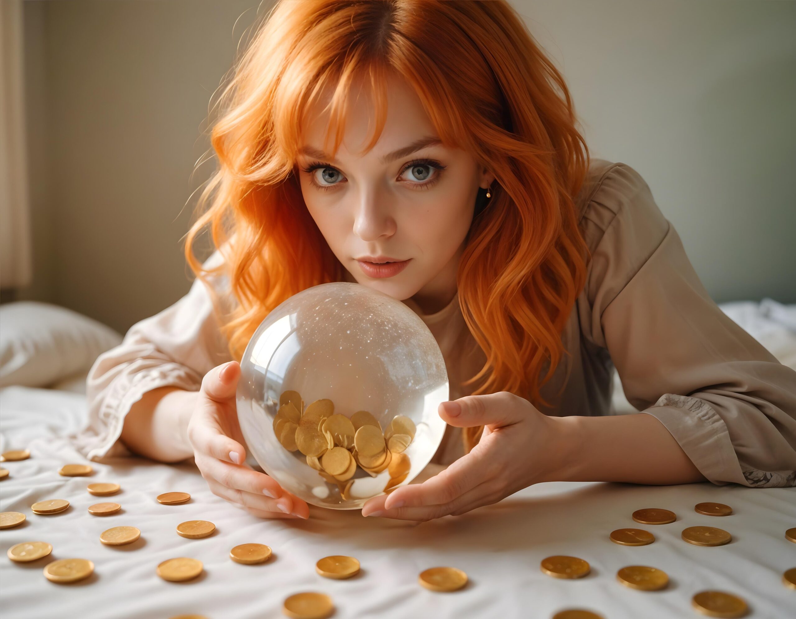 Jeune femme aux cheveux roux, allongée sur un lit, essayant de deviner dans une boule de cristal remplie de pièces d'or, le prix d'un logo. D'autres pièces sont dispersées autour d'elle.