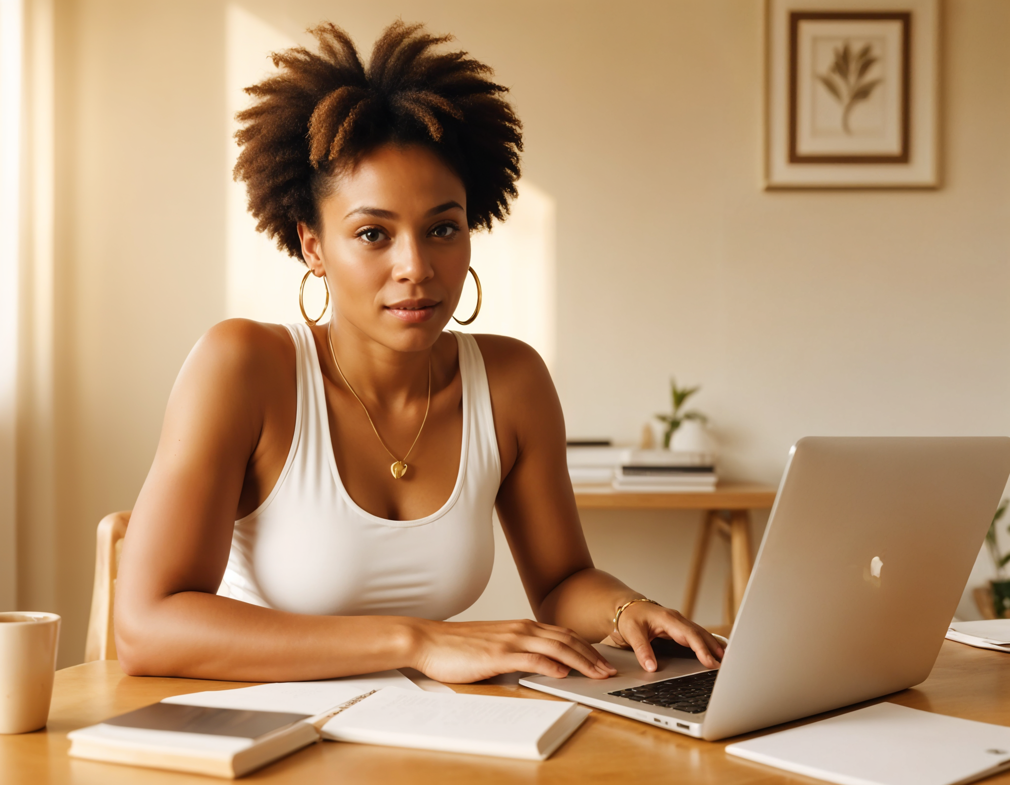 Jeune femme métisse assise à une table de travail, les mains posées sur un ordinateur portable, avec des carnets ouverts à ses côtés. Elle regarde l'objectif avec une expression concentrée et déterminée, illustrant l'importance d'avoir un site internet pour développer sa présence en ligne.