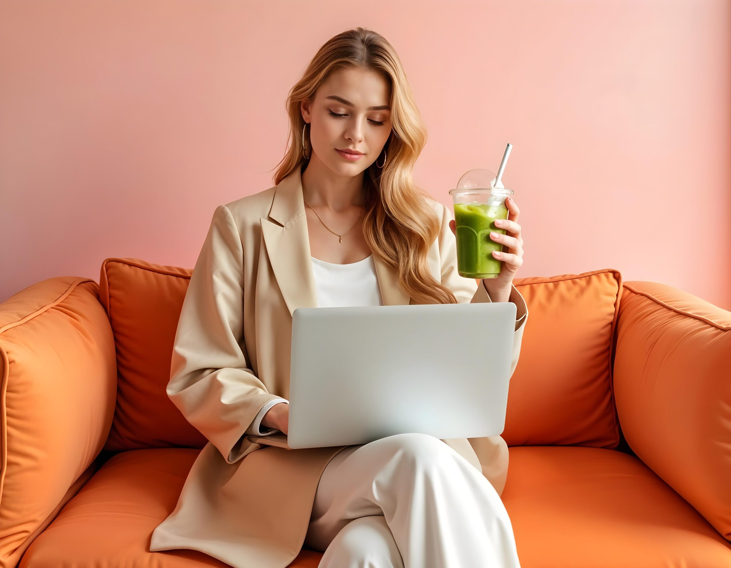 Femme aux longs cheveux blonds, assise sur un canapé orange, tenant un matcha glacé et en train de choisi sa plateforme de création de site internet sur un ordinateur portable.