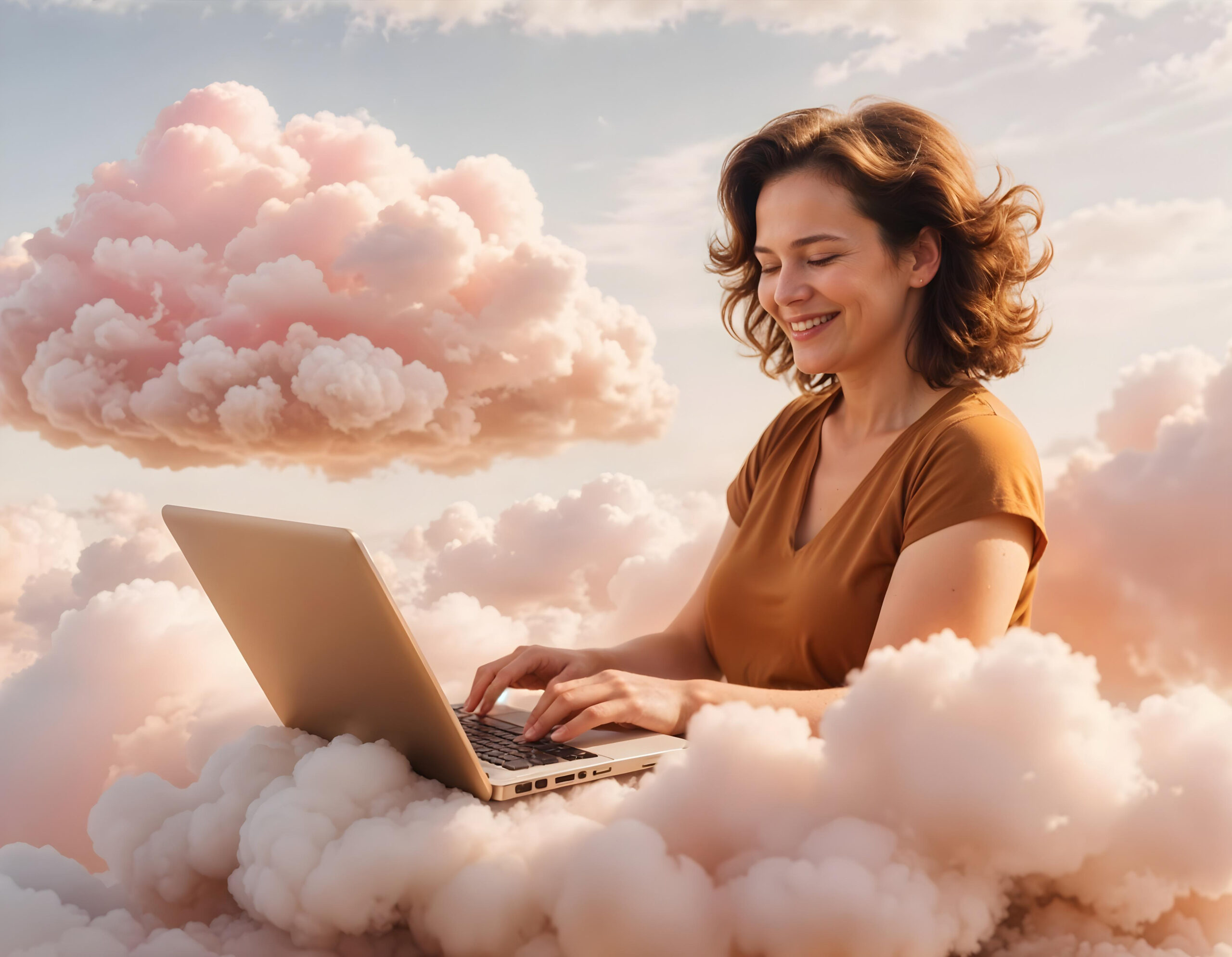 Femme souriante travaillant sur un ordinateur portable tout en étant entourée de nuages doux et rosés, symbolisant la légèreté et la créativité. L'image illustre l'idée de créer un site web sans code, de manière simple et accessible avec Showit, comme si on travaillait dans les nuages.