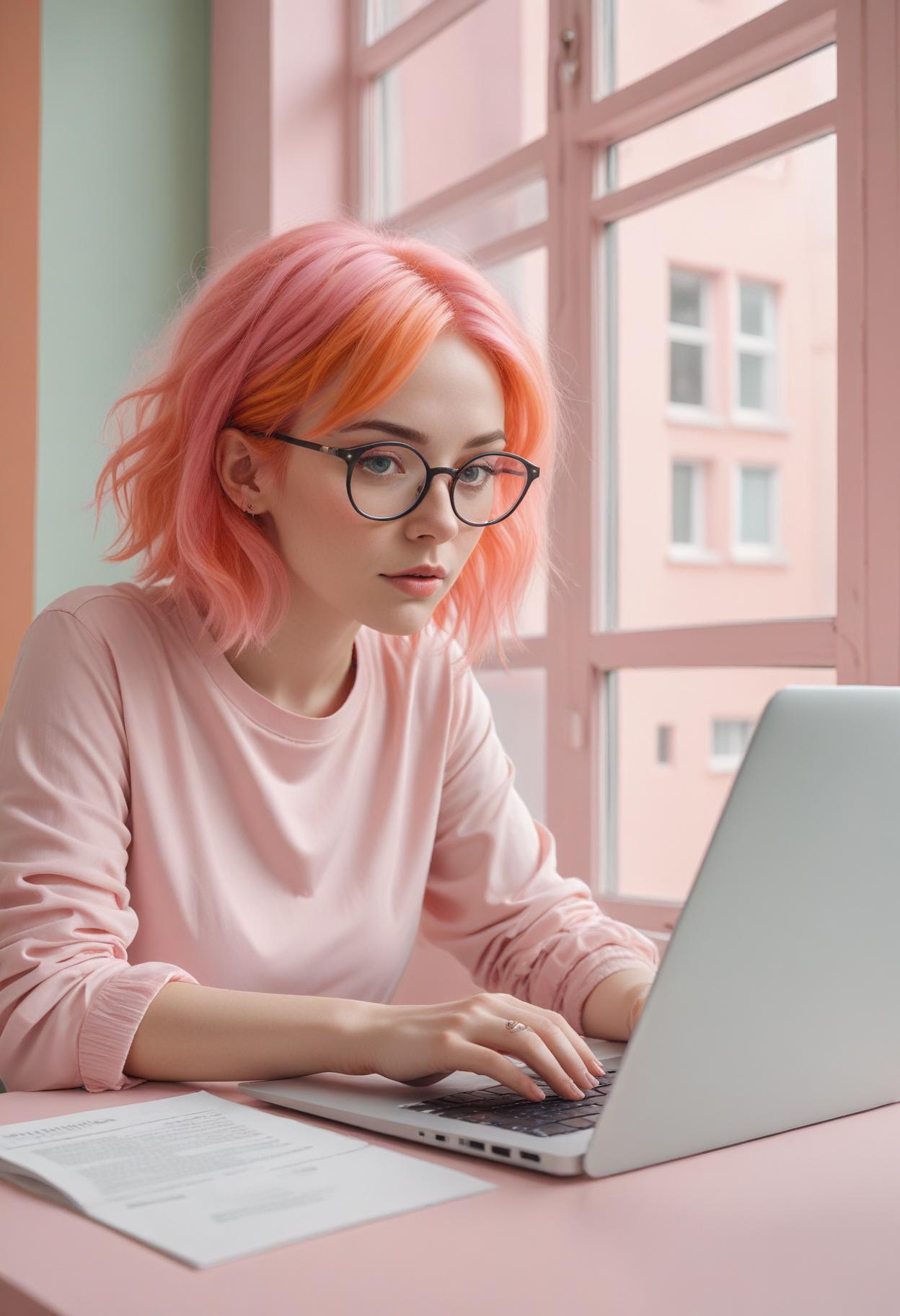 Jeune femme aux cheveux roses et lunettes, en train de créer sa newsletter gratuitement sur un ordinateur portable dans une pièce lumineuse, avec un document à côté d'elle.