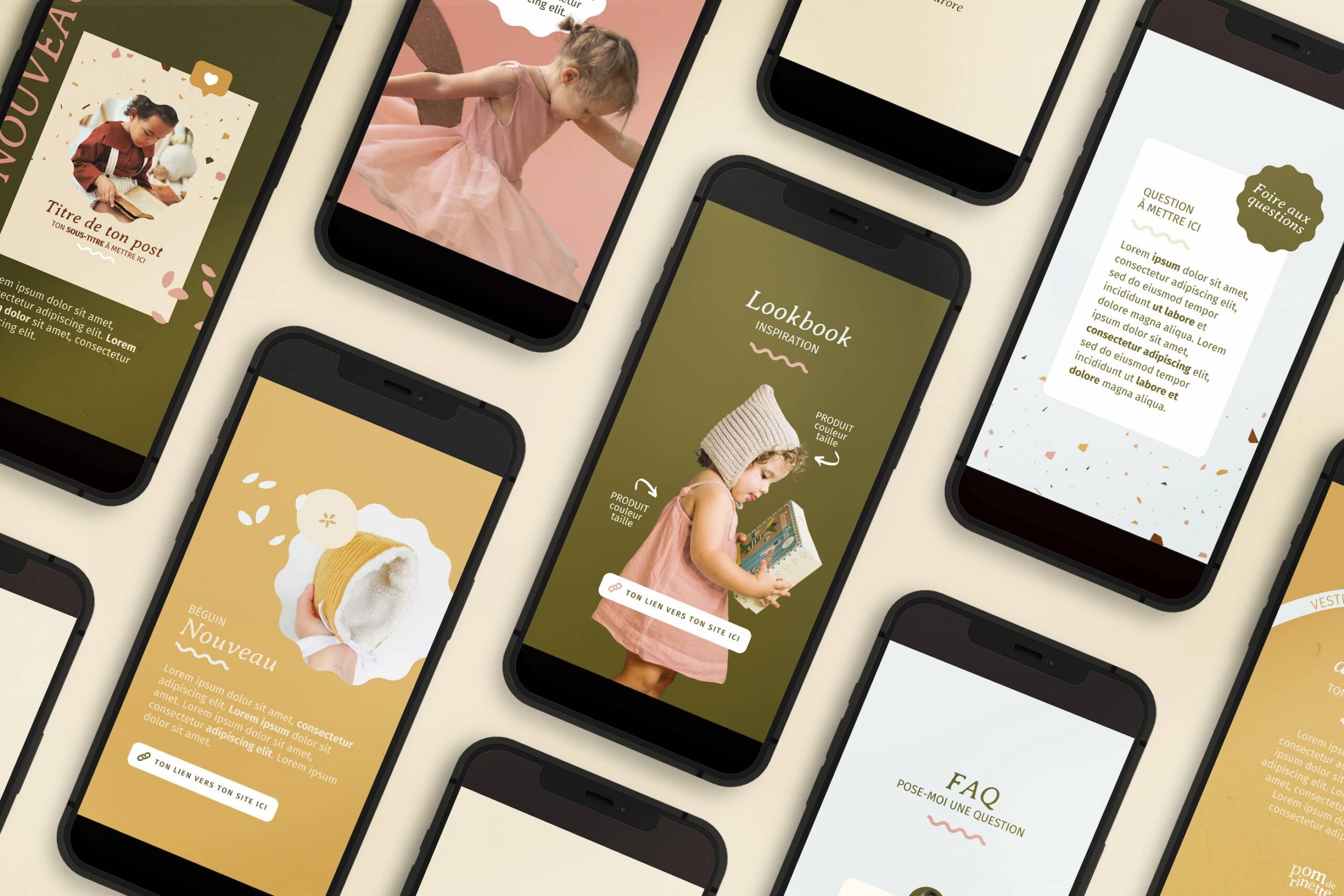 Maquette de posts instagram formats story crées pour la marque Pom de Rinette par le Studio.