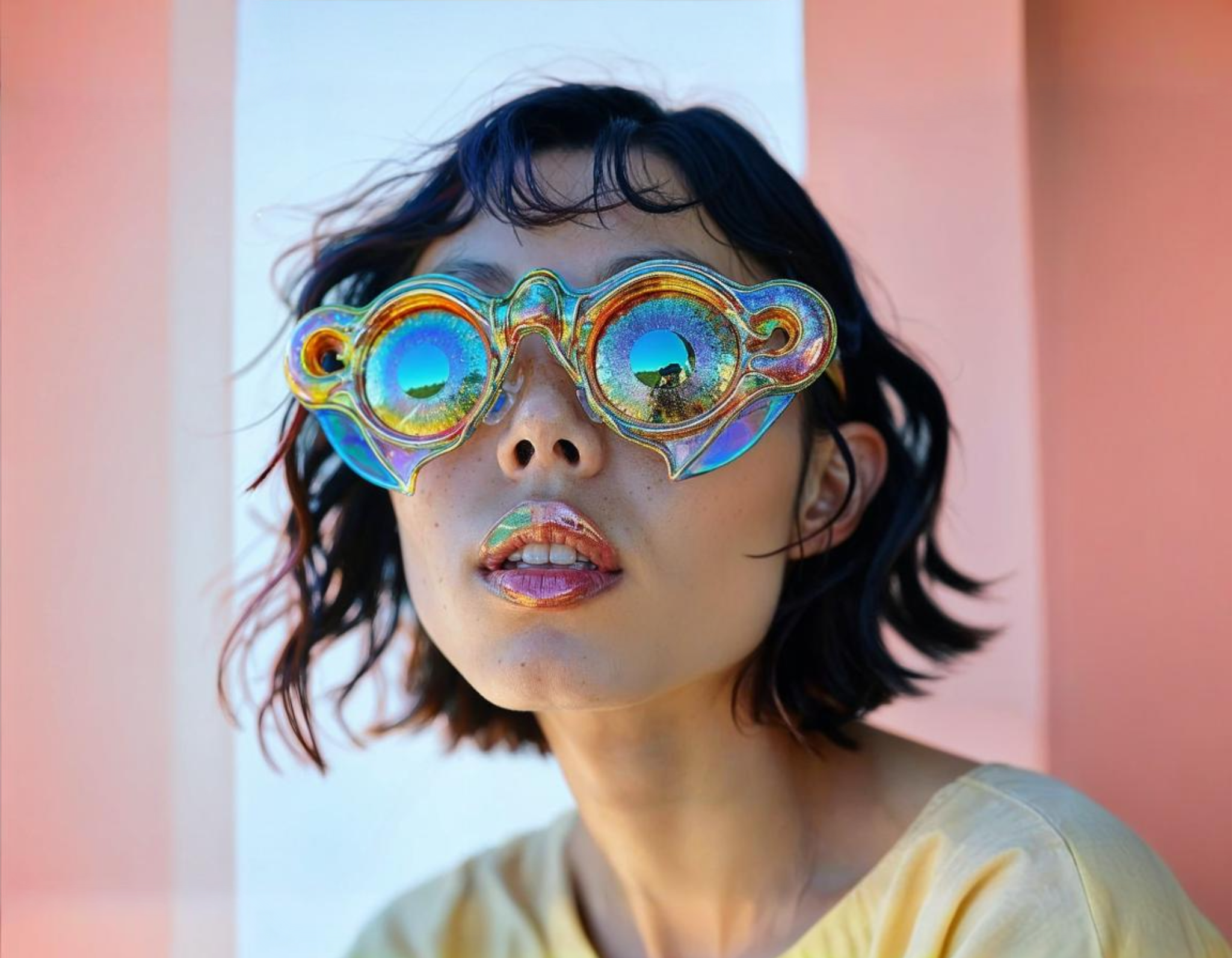 Femme asiatique portant des lunettes à la forme étrange, couleur arc en ciel irridescent pour illustrer chaque couleur des mois de l'année