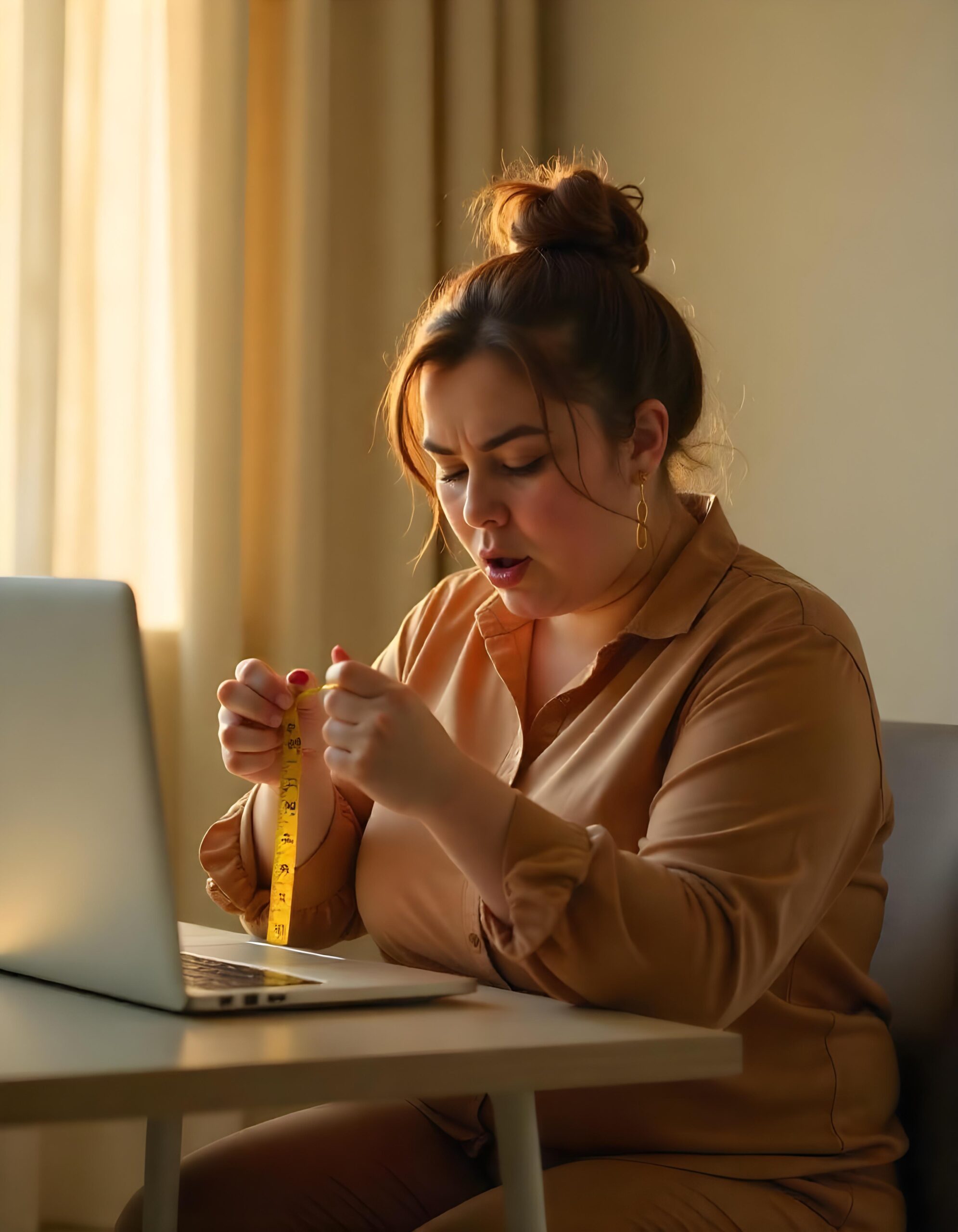 Femme ronde face à un ordinateur regardant un mètre qu'elle tient dans les mains en faisant la grimace à la recherche d'infos sur le format post Instagram.