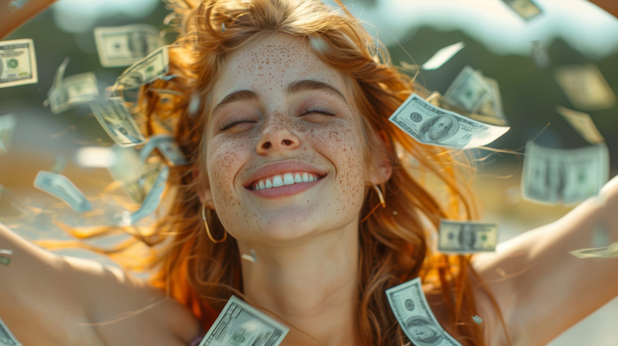 Une jeune femme rousse, souriante, entourée de billets flottants, qui a réussi après avoir compris comment créer une marque à succès.