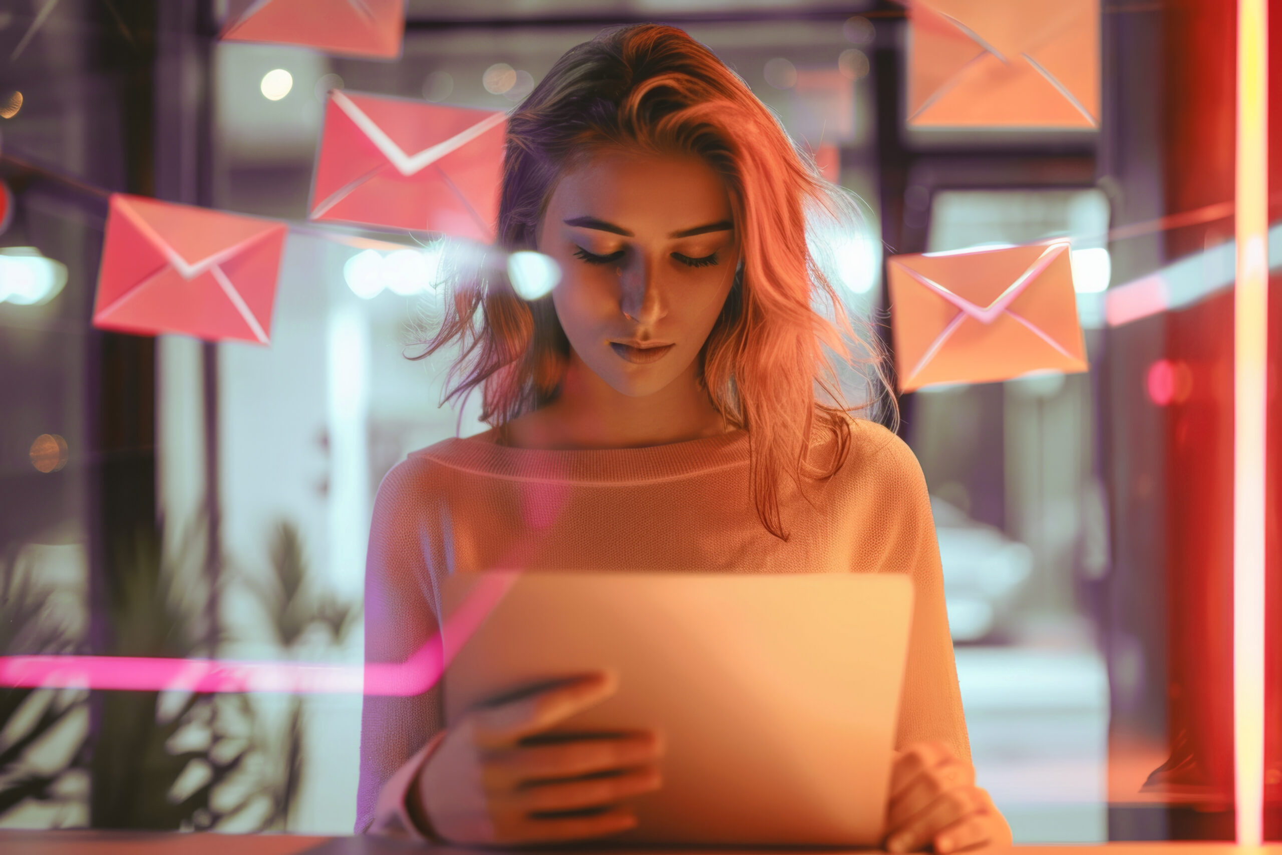 Jeune femme aux cheveux roses, dans un bureau, entourée de courriers flottants dans une ambiance néon bleu et rose. Elle est concentrée sur la création de son adresse mail pro.