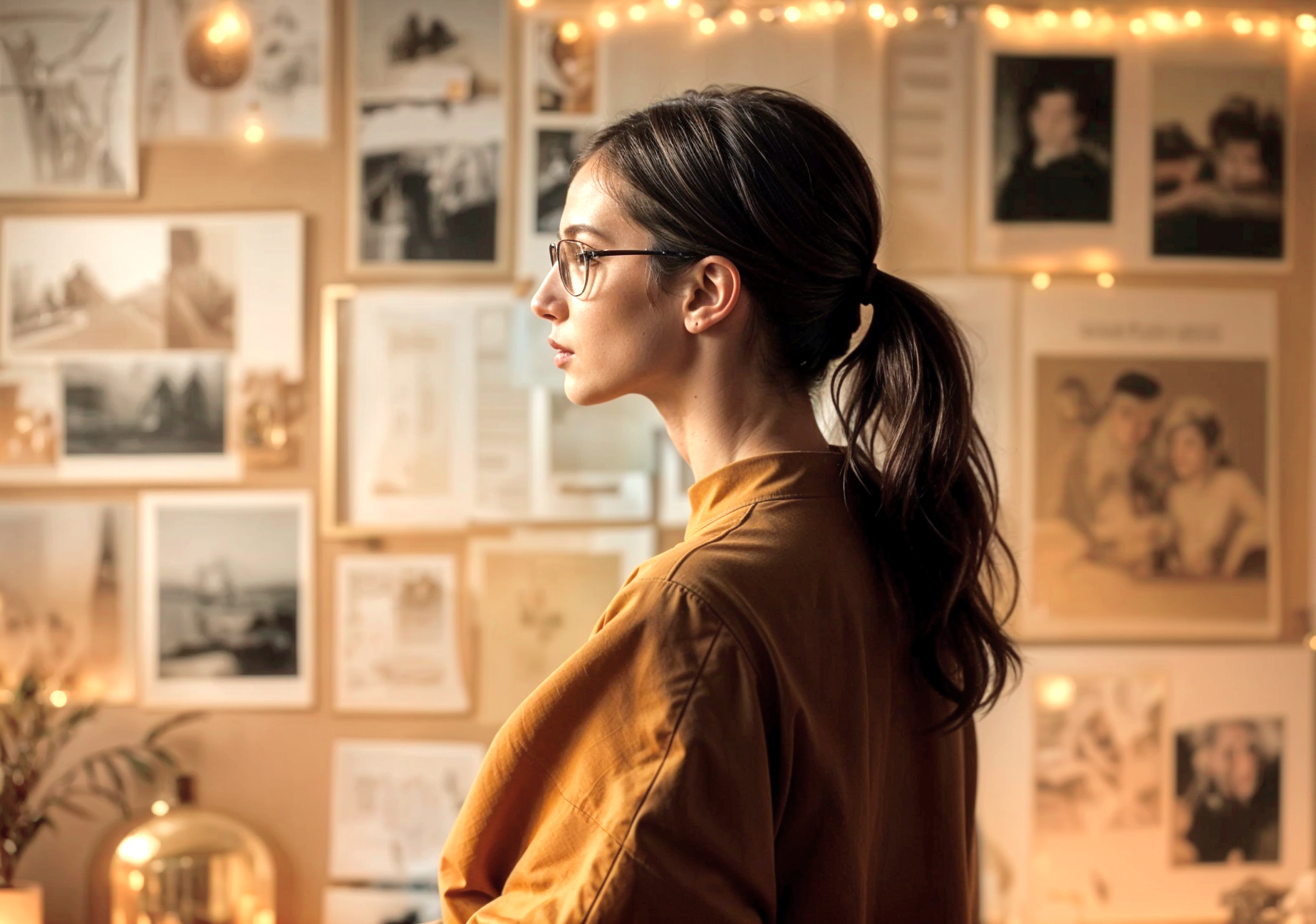 Femme chez elle de profil se tenant devant un mur couvert d'éléments formant son vision board pour son branding.