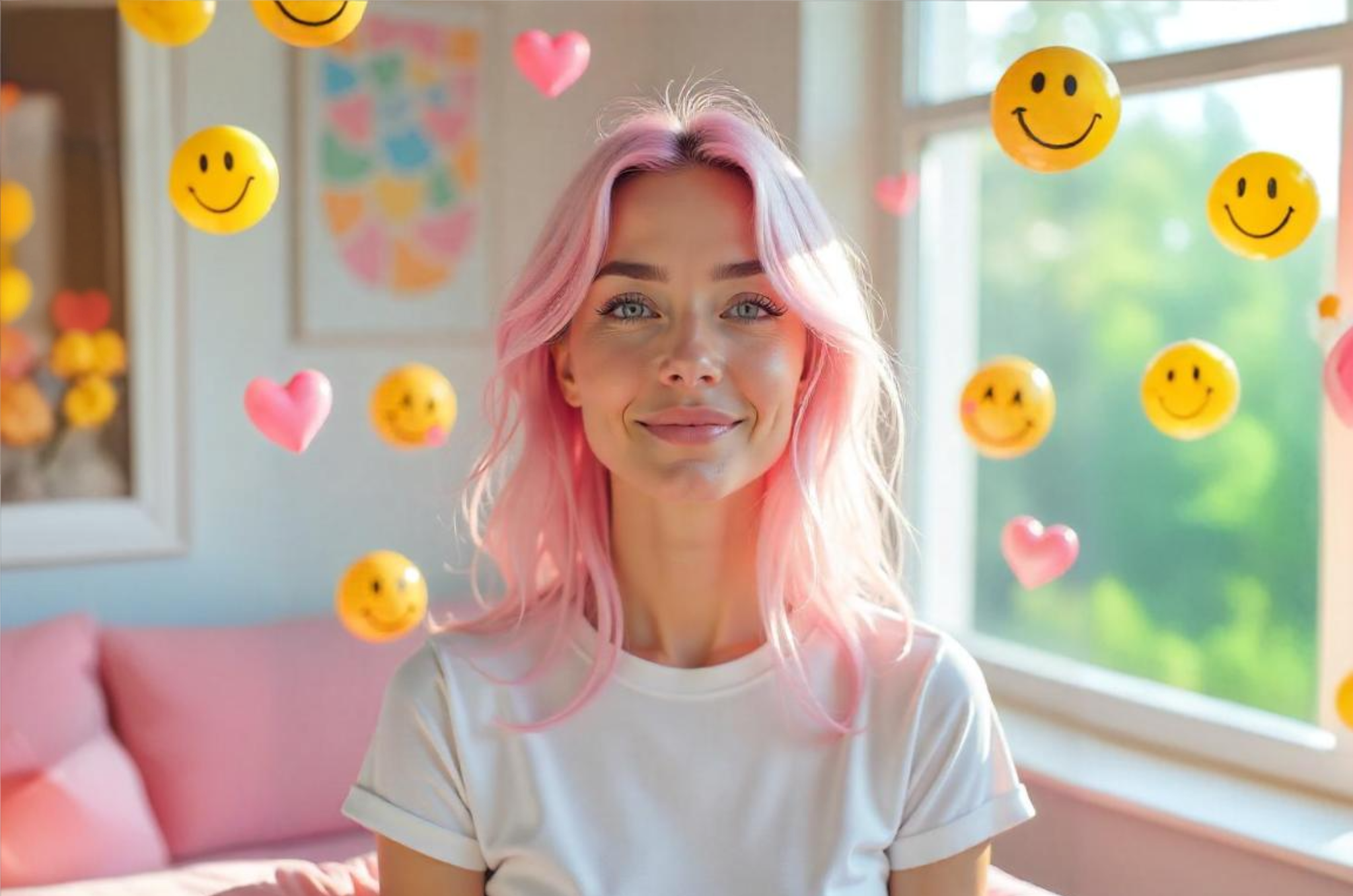 Femme aux cheveux roses dans son salon entourée d'emojis coeur et de smileys flottants souhaitant apprendre à utiliser les emojis.