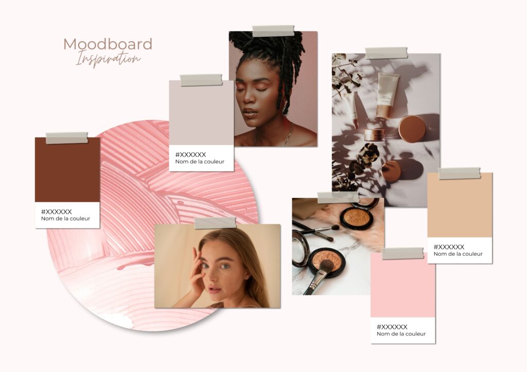 Exemple illustrant le concept de définition d'un moodboard pour une marque de cosmétiques.
