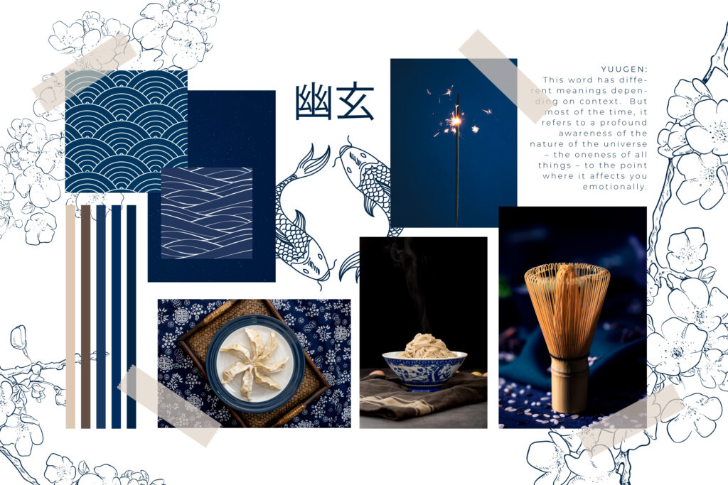 Exemple illustrant le concept de définition d'un moodboard pour un projet d'identité visuelle pour un restaurant japonais.