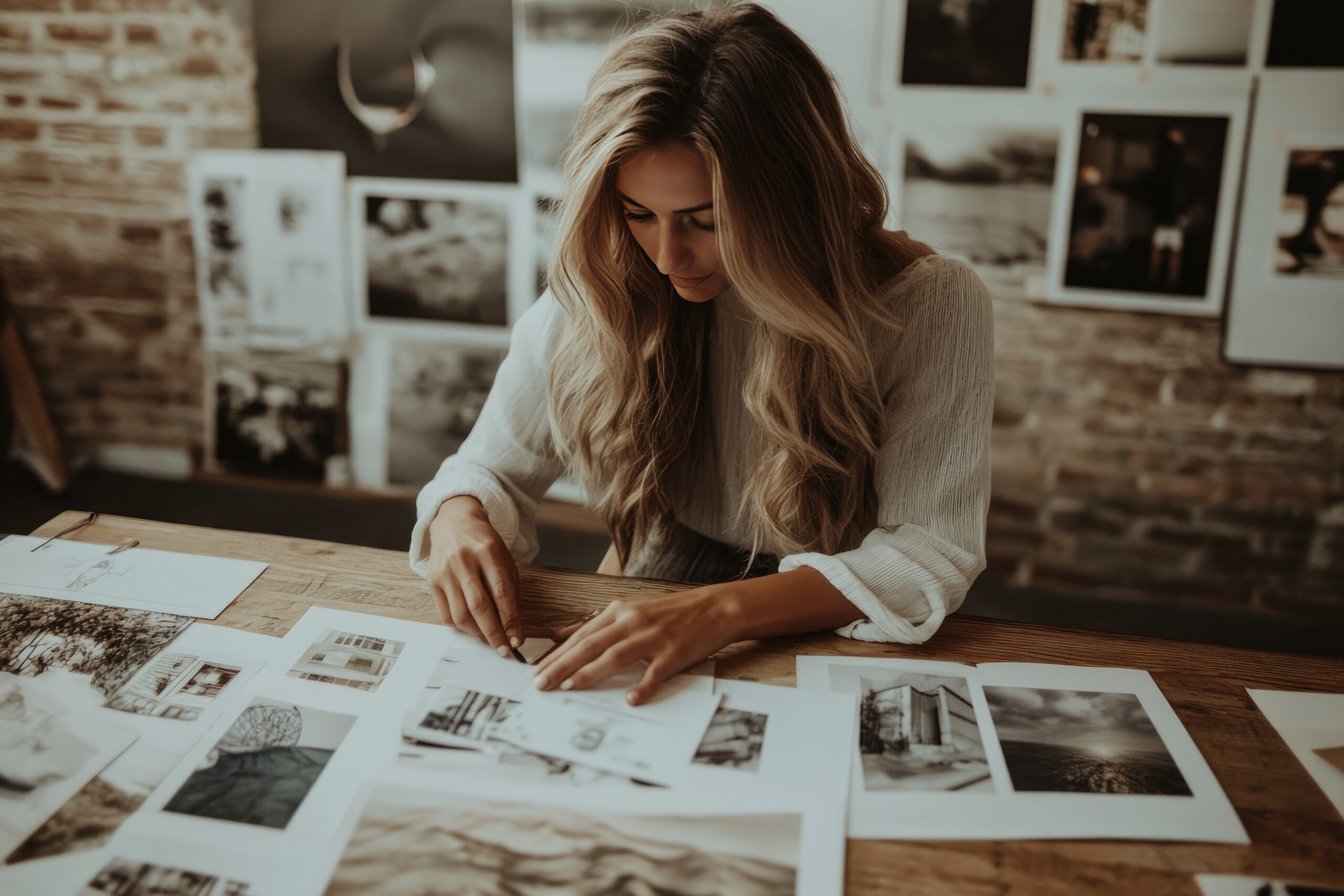 Femme artiste regardant des photos sur son bureau