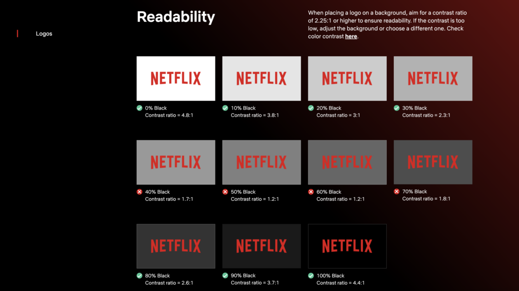 Exemple de charte graphique avec Netflix et de règles de lisibilité et de contraste pour le l'utilisation du logo.