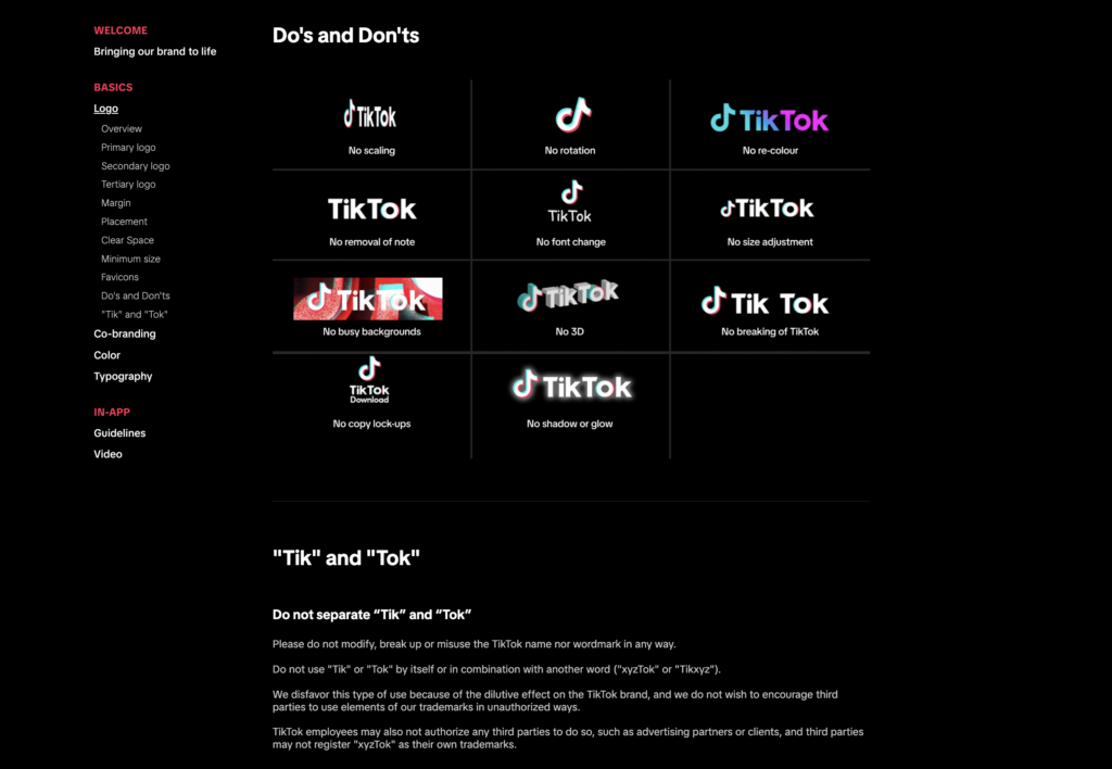 Les utilisations à ne pas faire avec le logo Tik Tok extrait de la charte graphique.