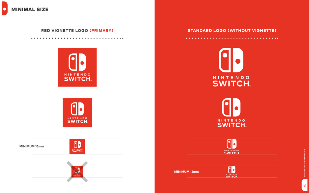 Exemple de charte graphique avec Nintendo Switch et les tailles minimales de logo.