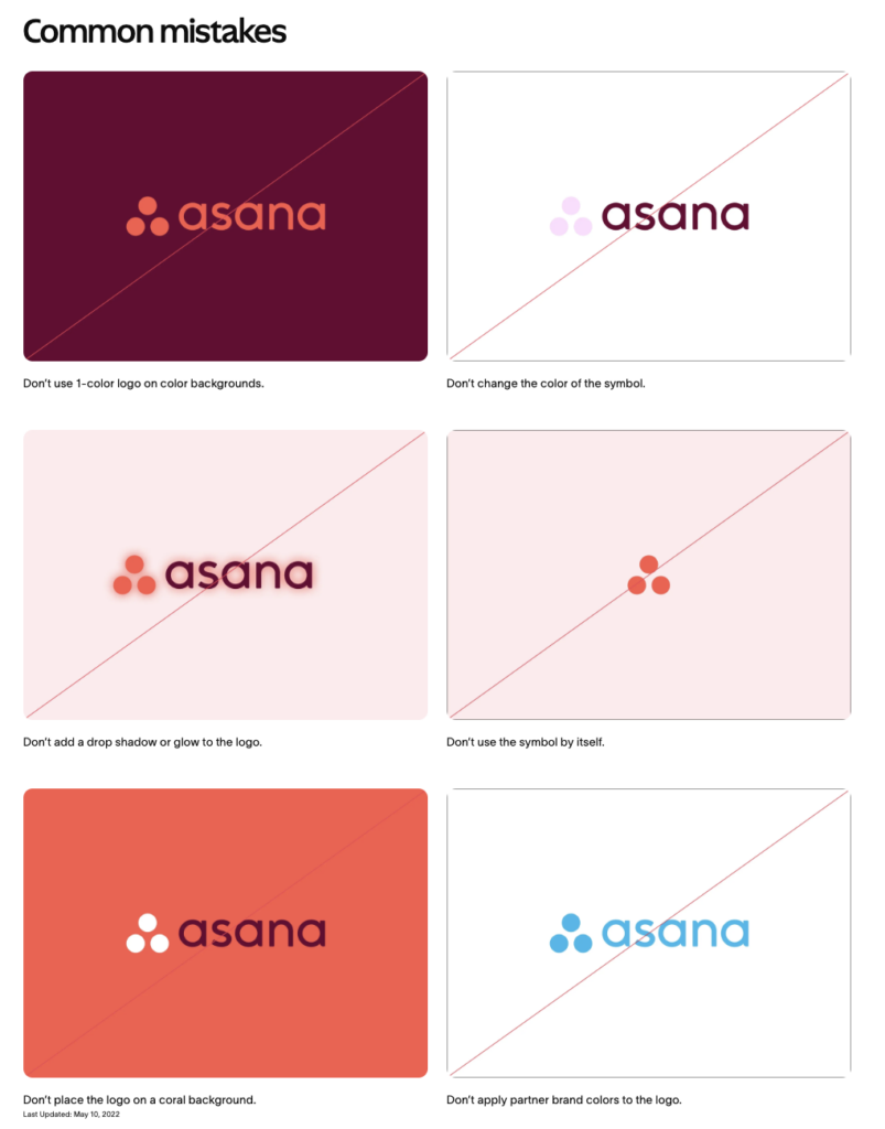 Extrait de la charte graphique d'Asana avec les utilisations interdites du logo.