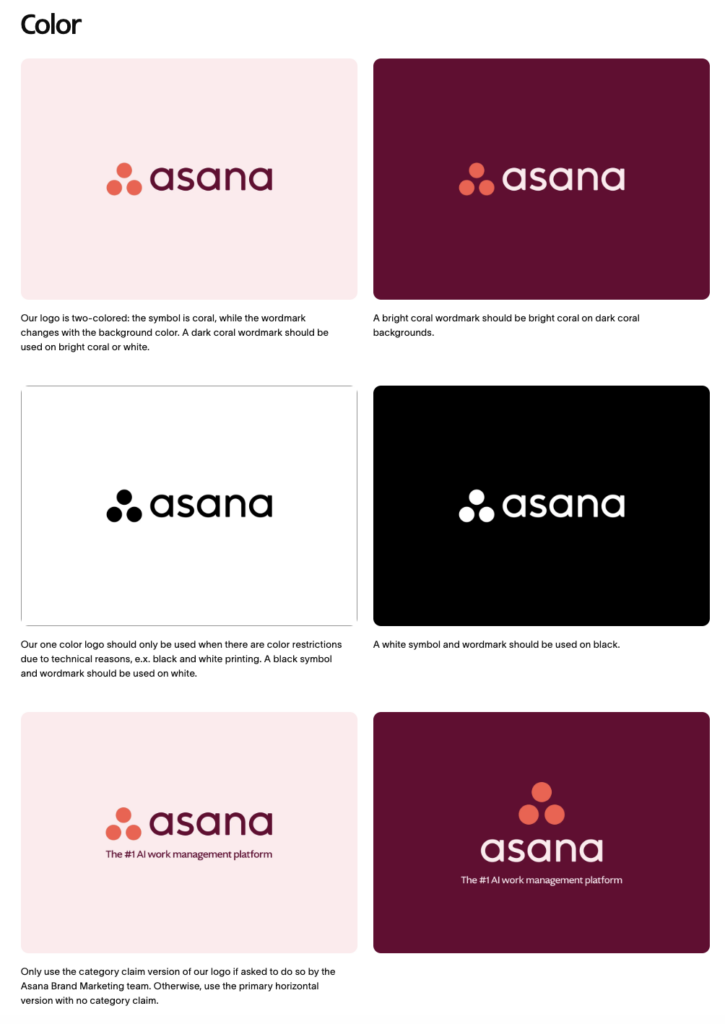 Charte graphique, l'exemple d'Asana avec les règles colorimétriques à respecter pour le logo.