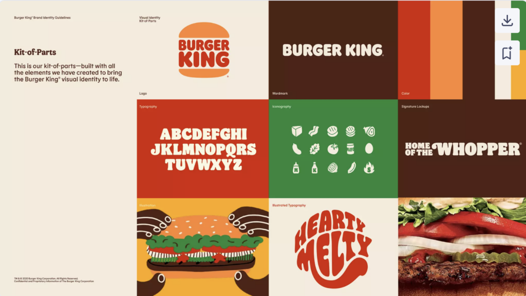 Extrait de la charte graphique de burger king avec l'identité visuelle résumée.