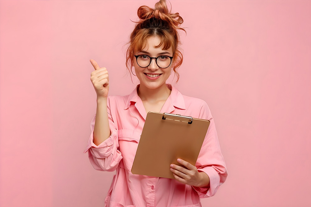 Jeune femme en chemise rose portant un document de charte graphique.