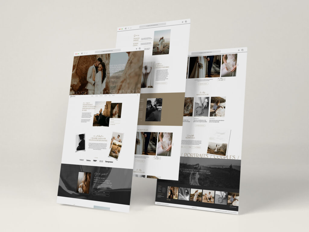 Template de site internet Showit Boho crée par le Studio Youmé, pour les photographes.
