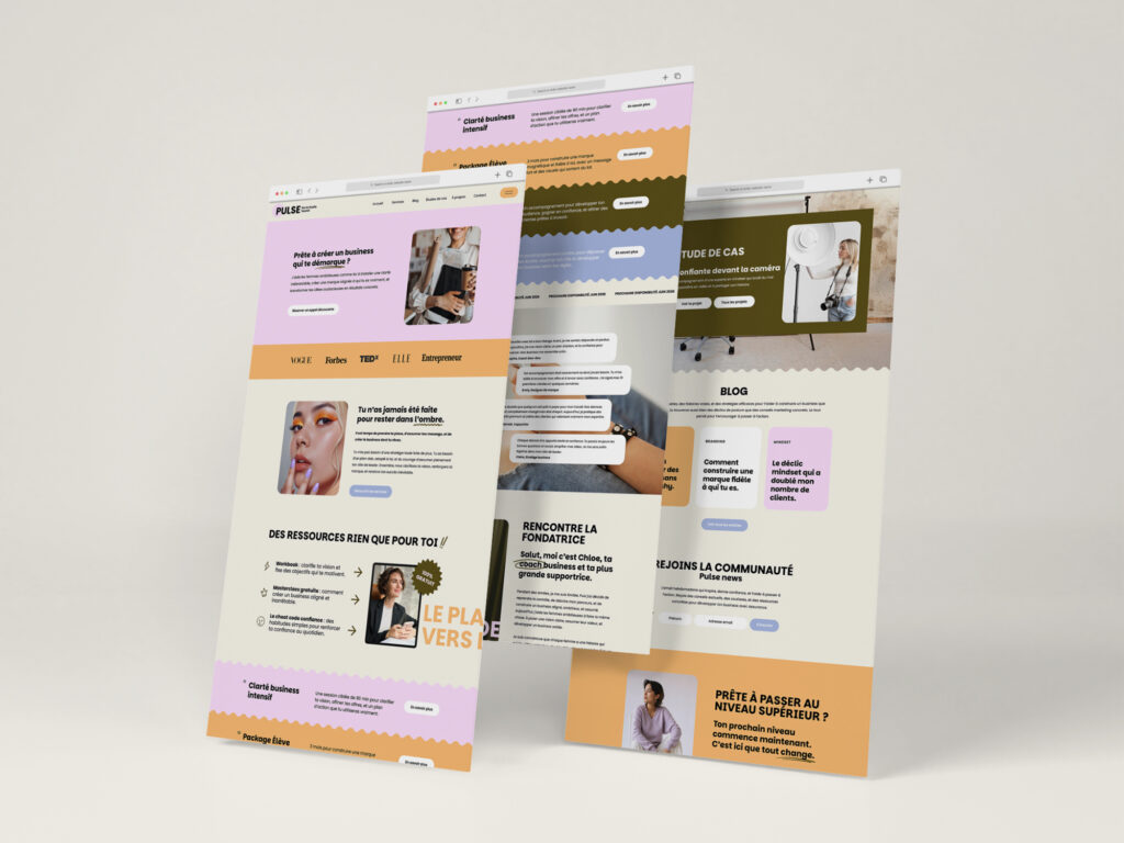 Template de site internet Showit Pulse crée par le Studio Youmé, pour les coachs.